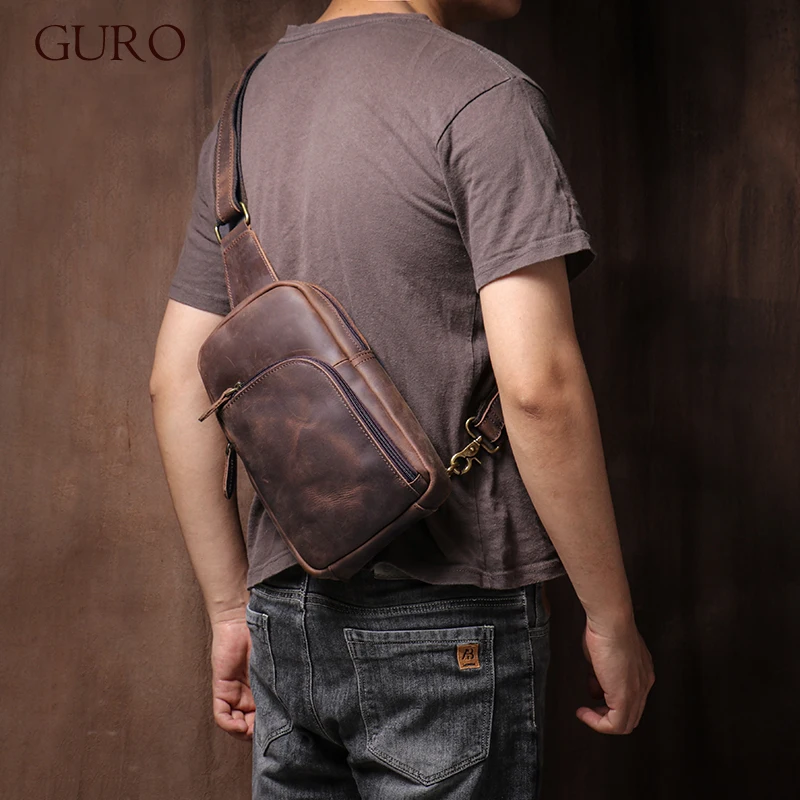 GURO Men Real Leather Chest Bag Vintage Trend Shoulder Bag Travel Sports Sling Bags High Quality Deluxe Design Cowhide Crossbody