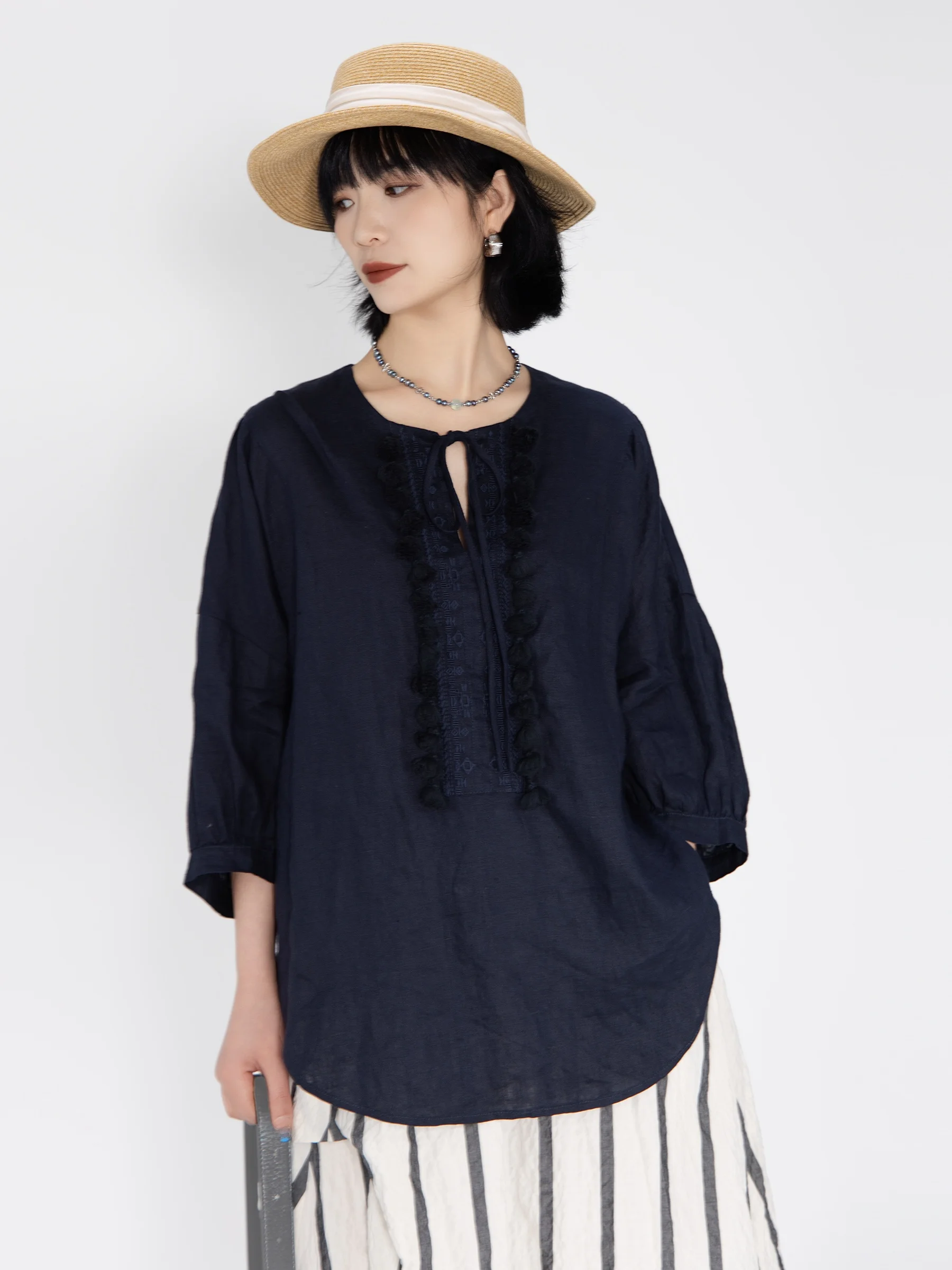 

Bookru 100% Linen Embroidered Loose Bubble Sleeve Shirt Women Summer New Top Vintage Artistic Style Breathable Skin-friendly