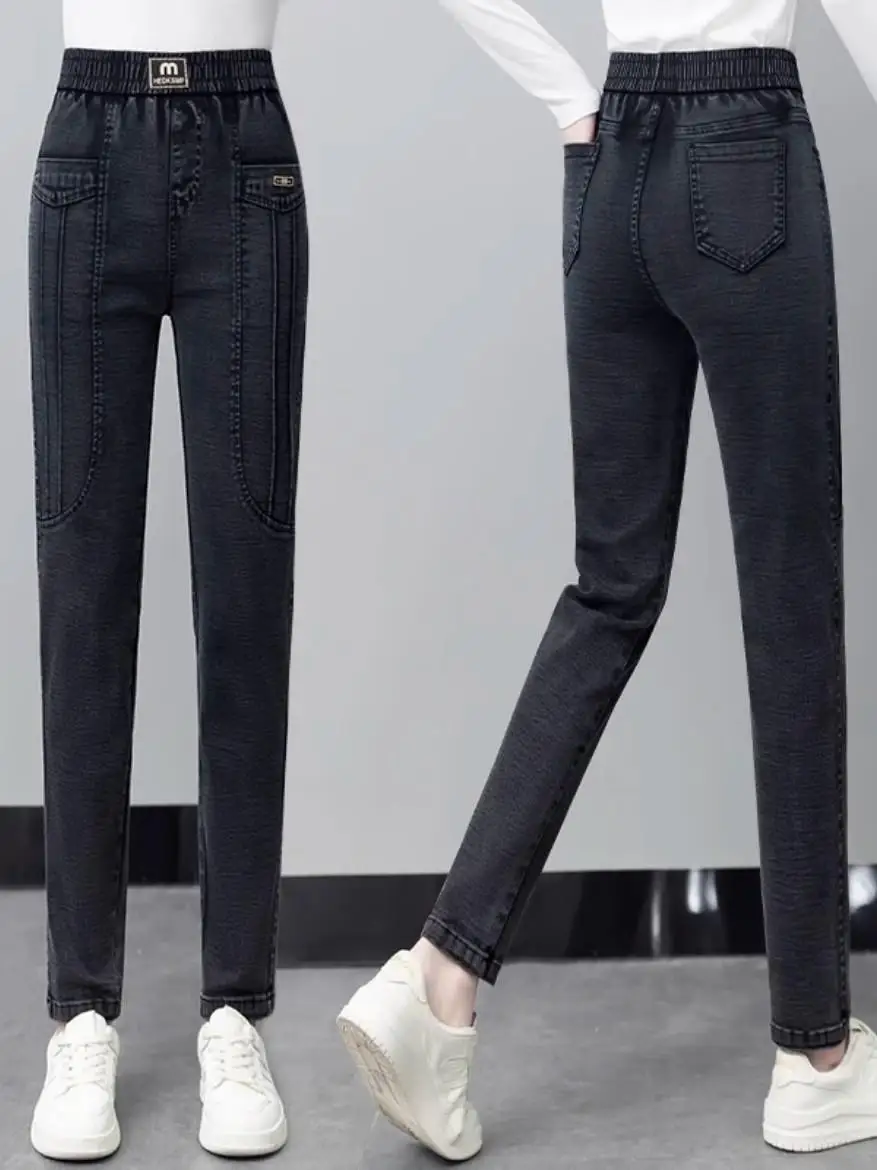 

Женские джинсы с высокой талией, утепленные, облегающие, для женщин среднего возраста, осенне-весенние, модные, больших размеров, укороченные (7/8)