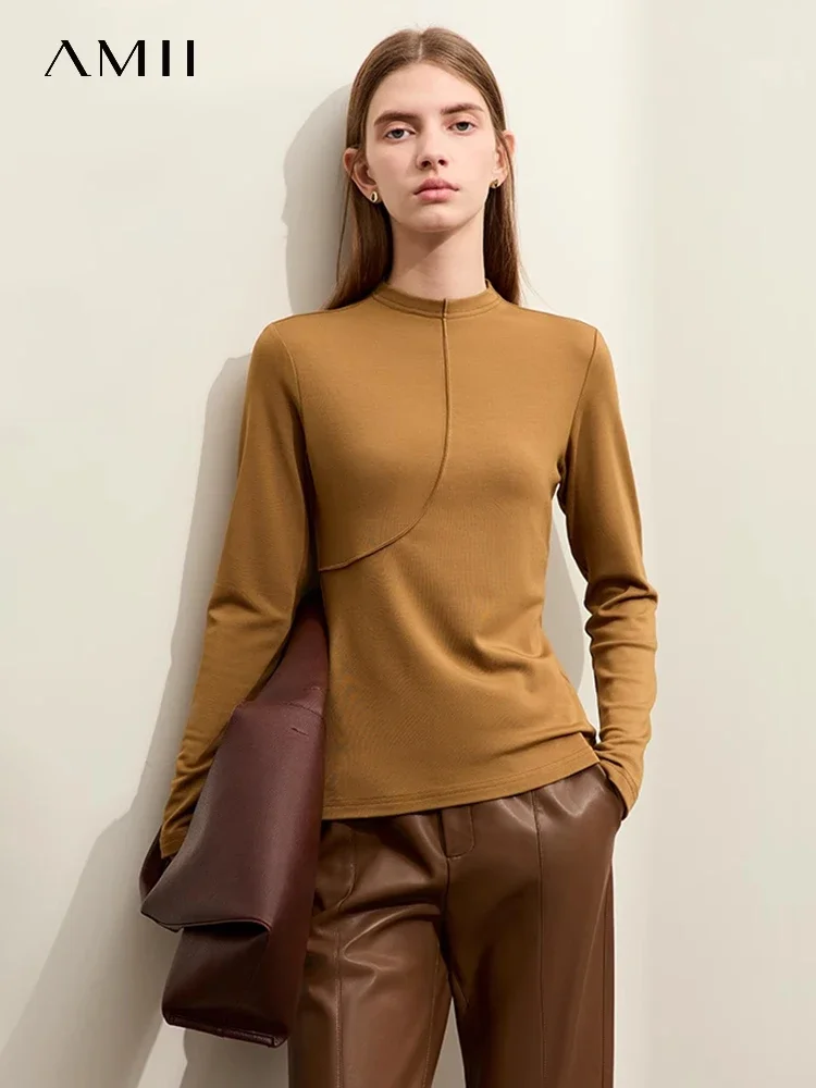 AMII Minimalism Long Sleeve Women's Tops 2023 Autumn Mock Neck Modal Slim Tops Fit Womens Clothing Female Knitwears 12313004