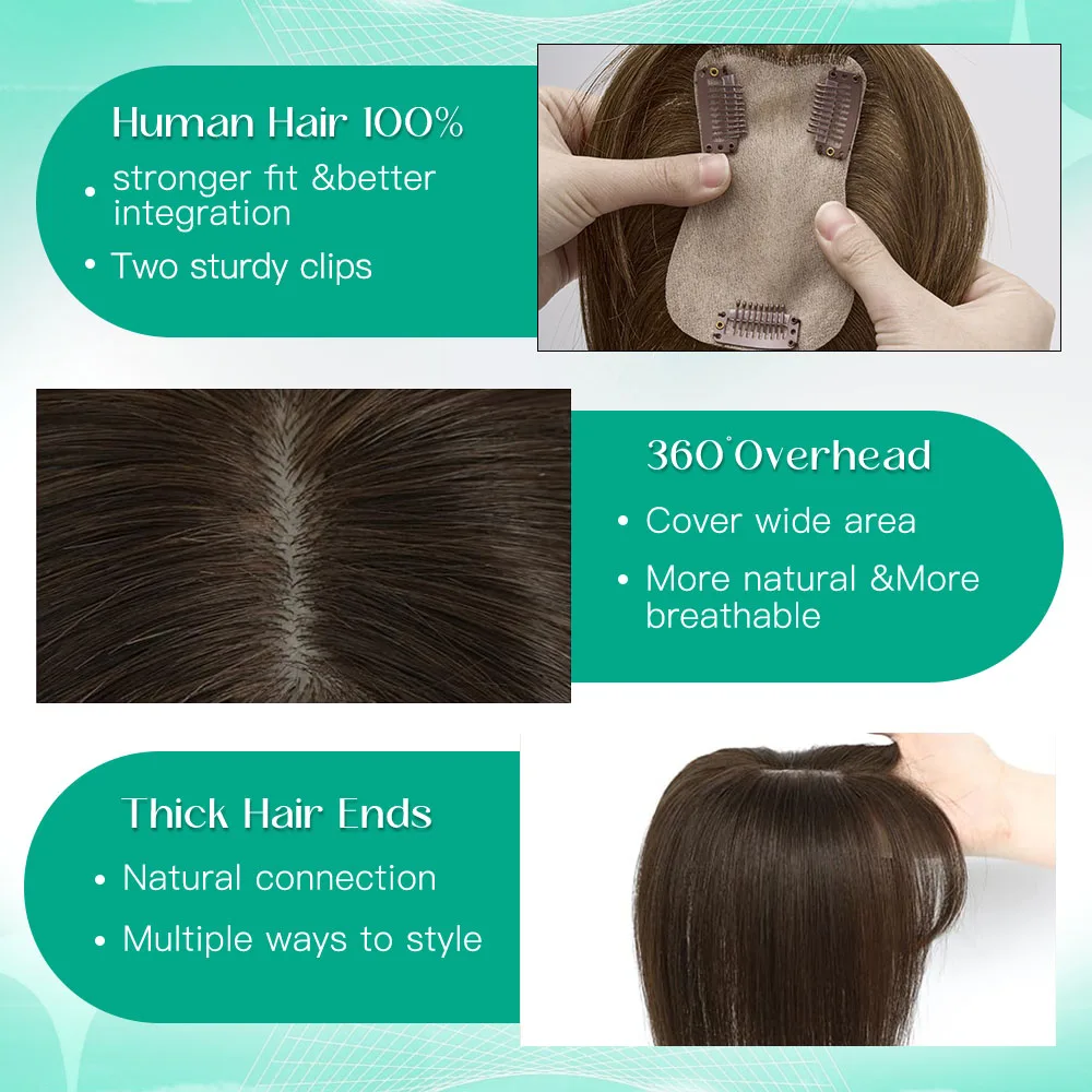 Lovevol 7*11CM Middle Brown Natural Looking Real Virgin Human Hair Topper For Women With Hair Loss Hairpiece with 3 Secure Clips