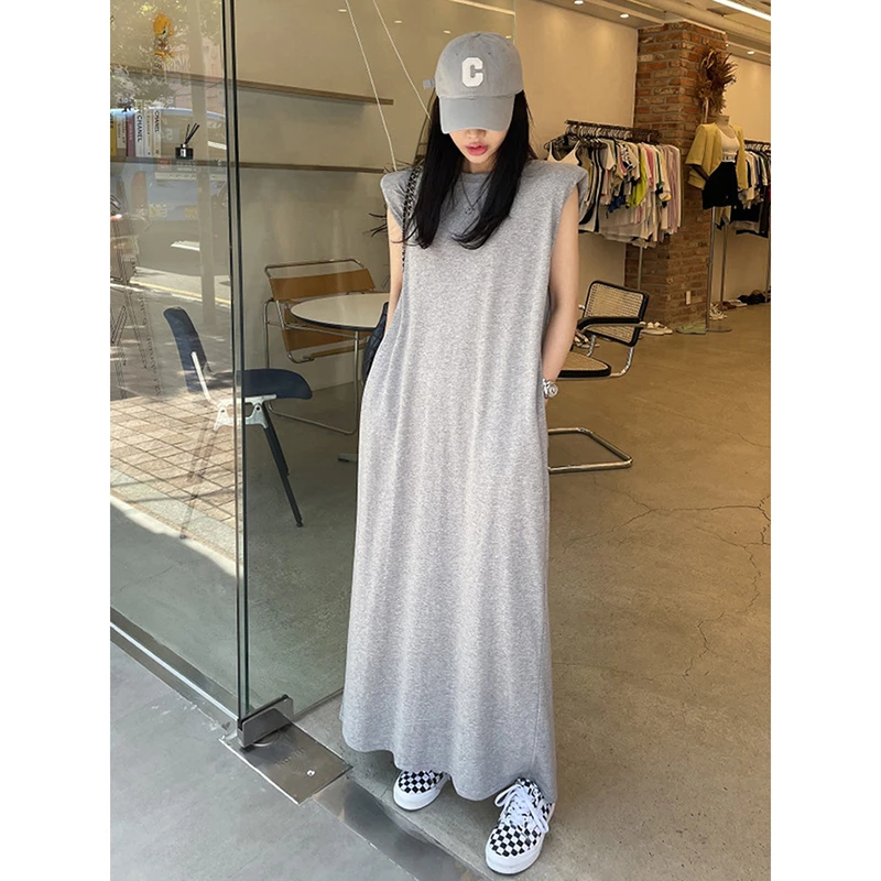 2025 New Arrival Summer Women Loose Fit Casual Straight Dress Sleeveless Korean Style Bow Hollow Out Ankle-length Dresses T38