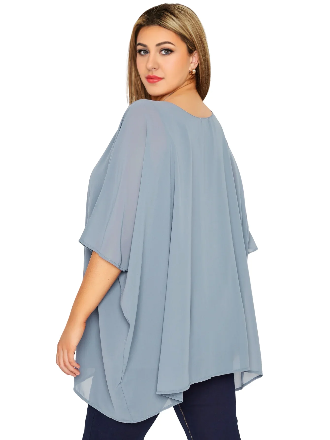 Blusa elegante de talla grande para mujer, blusa de gasa de gran tamaño con manga de murciélago y cuello redondo, camiseta tipo túnica informal de