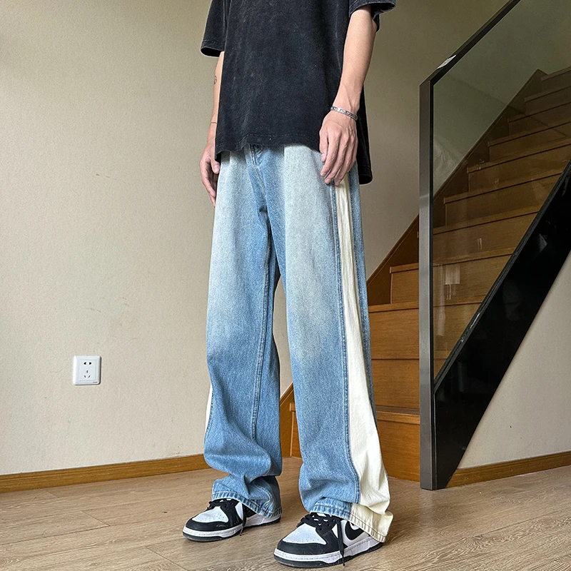 

Men's Spring Autumn Thin Straight Leg Casual Jeans Drapey Loose Wide Leg Pants American Splicing Style Youth Fashion Trend