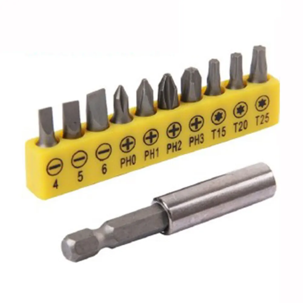 10pc Rubber Strip Cross Screwdriver Head Bit 60mm Conversion Extension Rod Woodworking Power Tool Set