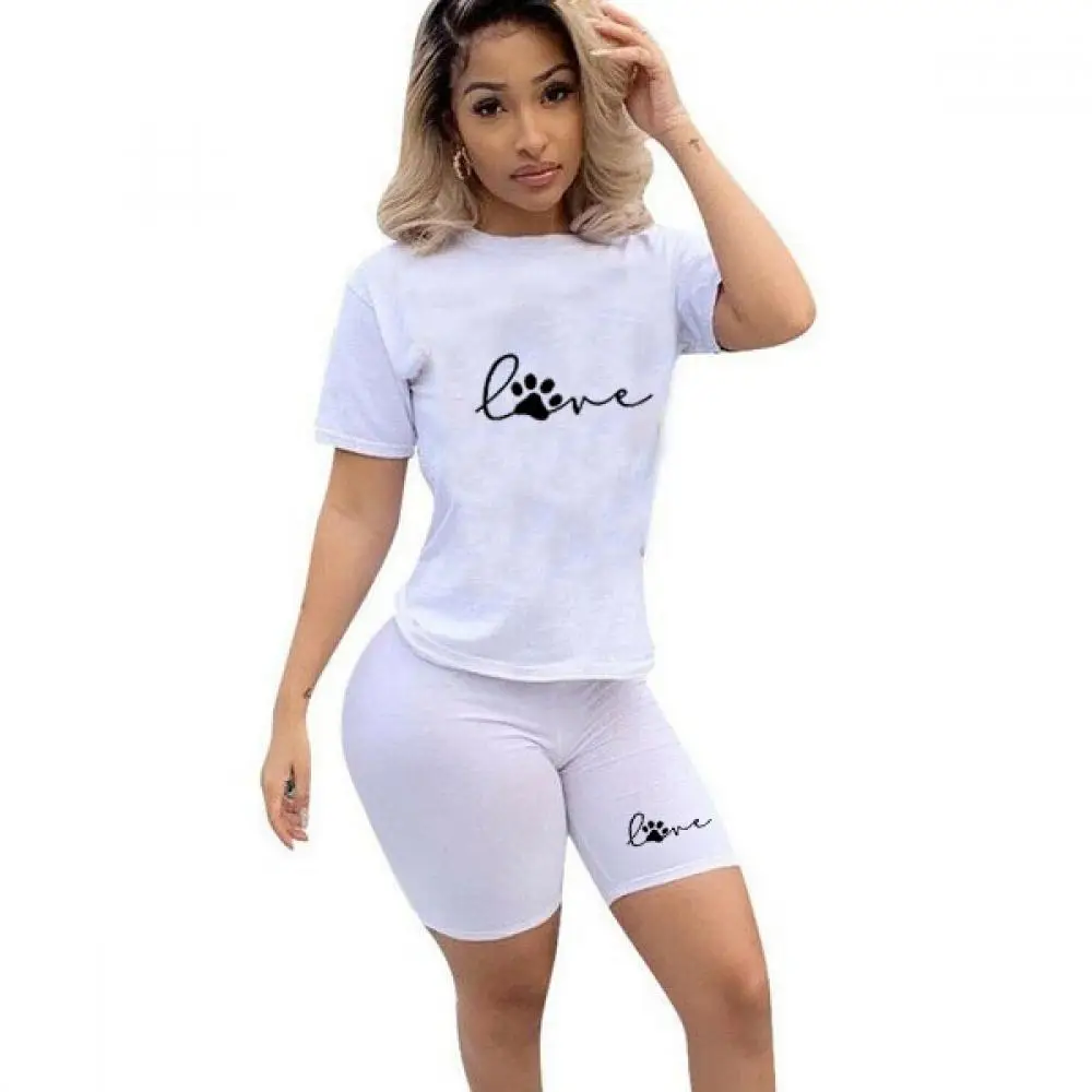 Summer Women T-Shirts and Shorts Suits Casual Tracksuit Two Piece Set Paw Print Short Sleeve Top Tees Female Sport Sets 2022