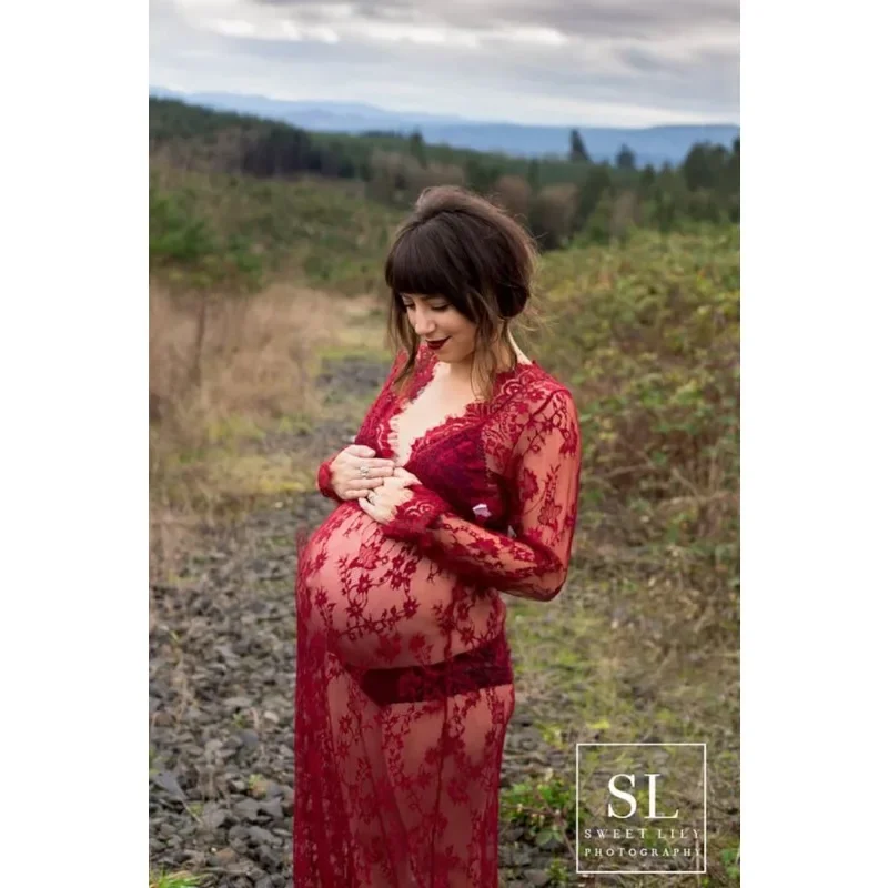 SALE! Bella Maternity Dress  Wine Red Lace Long Sleeve Dress for Photo Shoot, Pregnancy Gown Burgundy