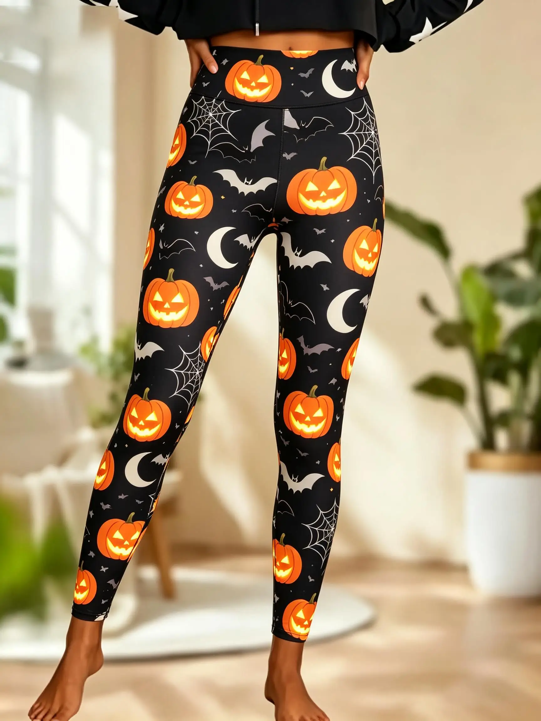 Women Halloween Fleece Mid‑Rise Leggings Pumpkin Bat Spider Web Moon Full Print Stretch Slim Pants