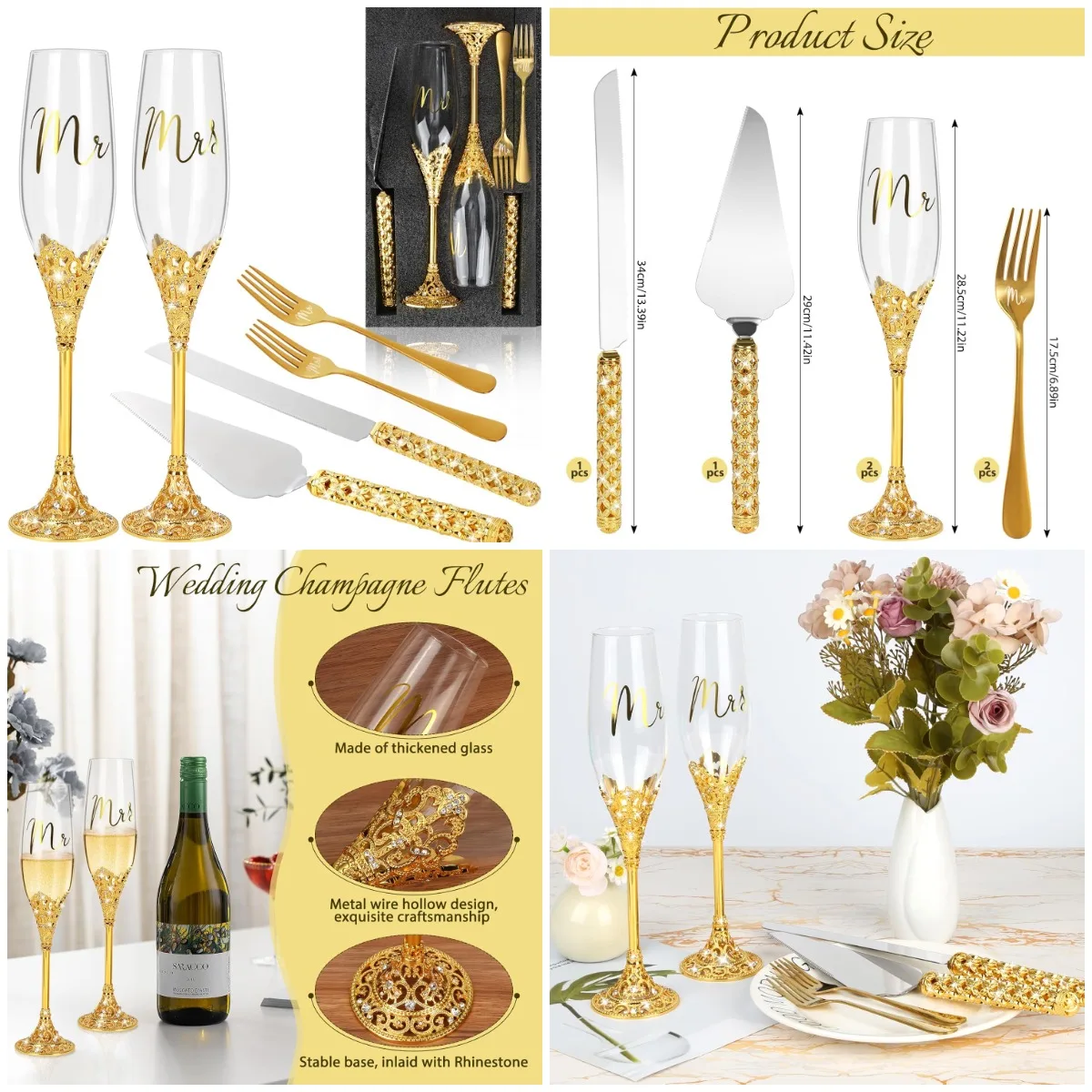 

6 PCS Wedding Cake Knife & Champagne Flute Set with Fork, Crystal Rhinestone Mr & Mrs Toasting Glasses for Bridal Party
