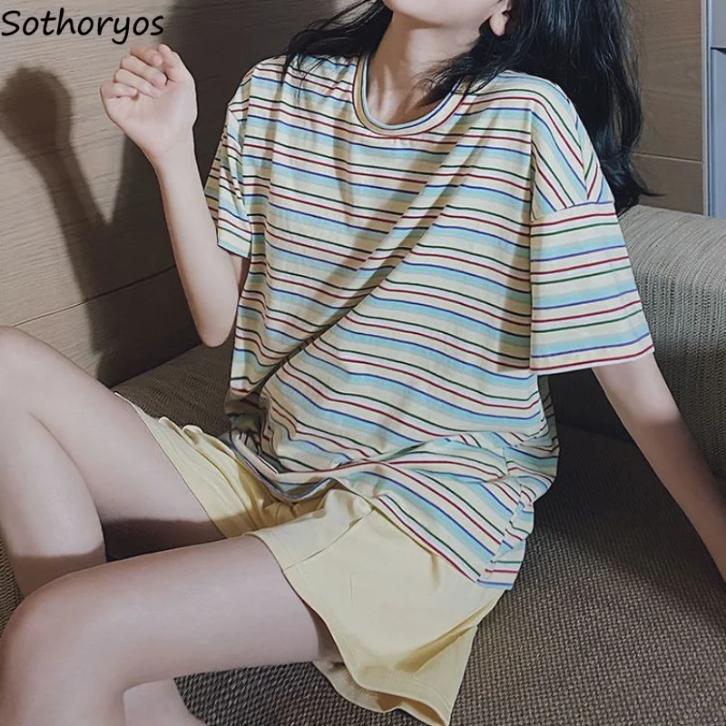 

Летние Пижамные комплекты Женские Простые винтажные дышащие полосатые Молодежные популярные домашние пижамы для отдыха универсальные в Корейском стиле