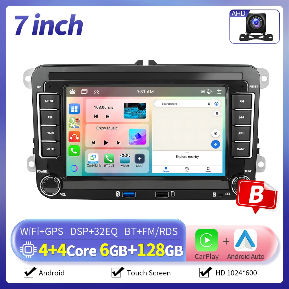 Camecho 7/9 Inch 6 + 128G Android Autoradio GPS Carplay voor VW Volkswagen Golf 5 6 Touran Passat B6 Polo Jetta Sharan Seat Skoda