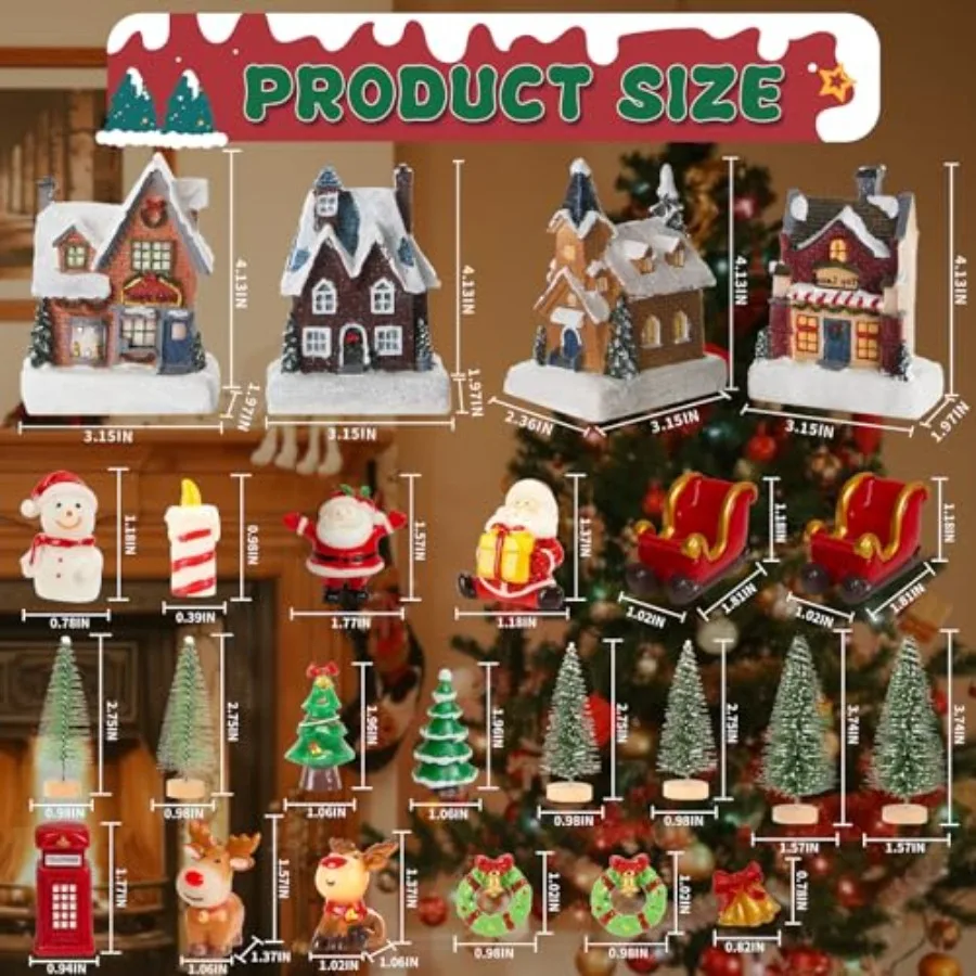 24Pcs Christmas Village Sets, Christmas Village Houses with LED Light, Christmas Town Scene Figurines Building Sets, Christmas