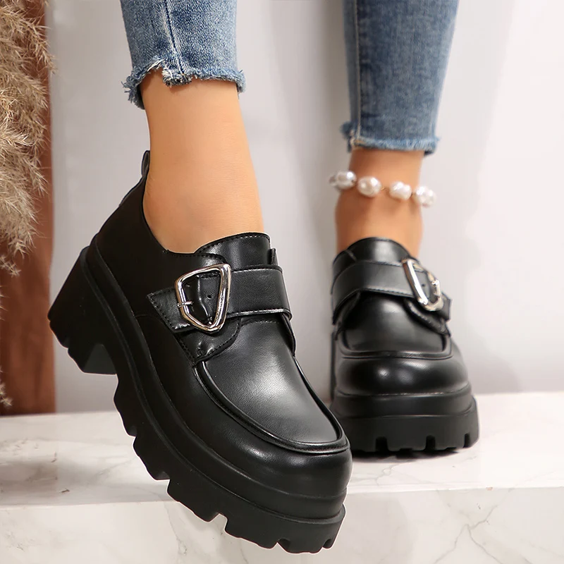 

High Heels Platform Buckle Pu Leather Shoes Woman 2024 Trend Autumn Round-toe Work Women Shoes England Dress Zapatillas De Mujer