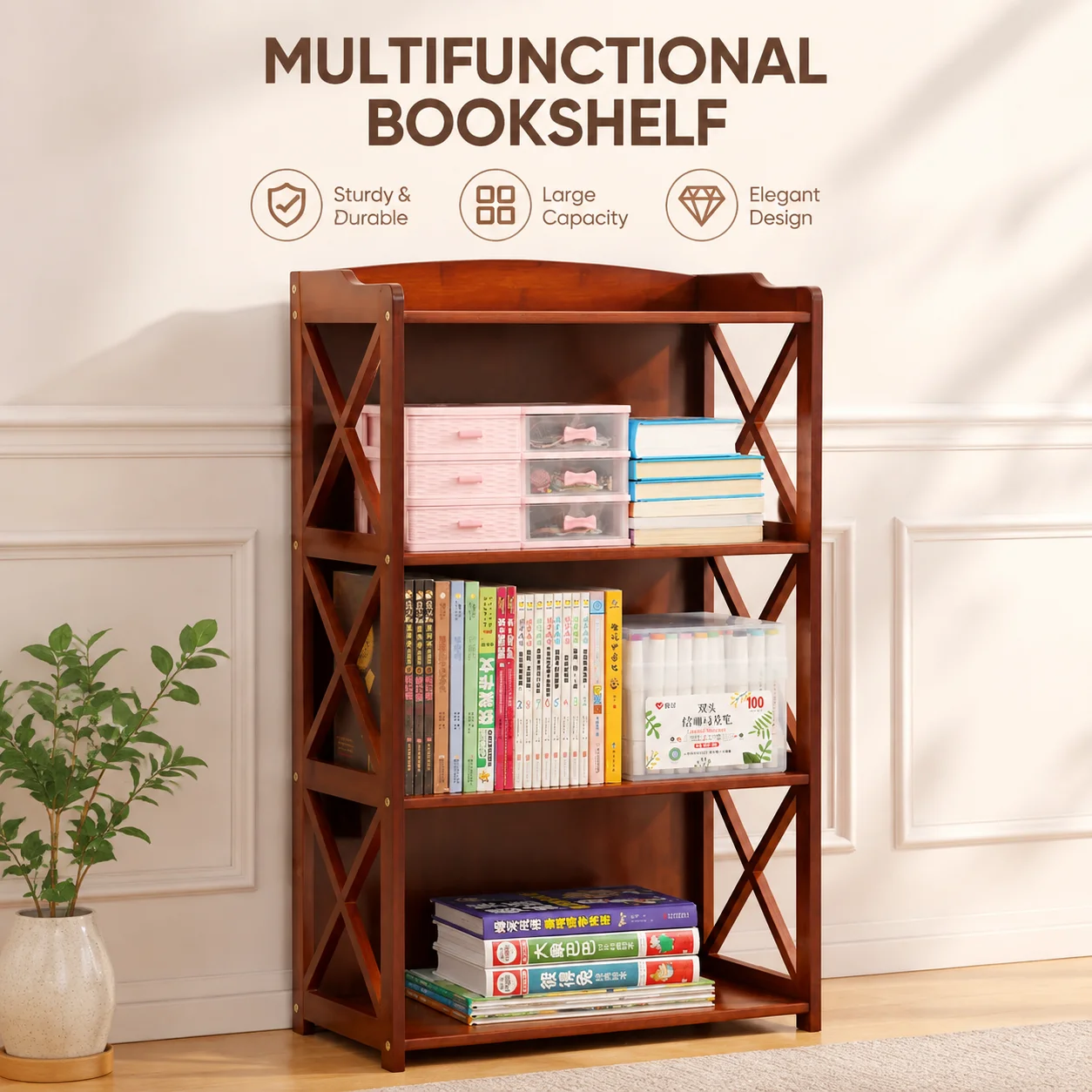 Bamboo Kids Bookshelf with Mortise-and-Tenon Joint, Thickened Panels & Raised Base for Easy Cleaning
