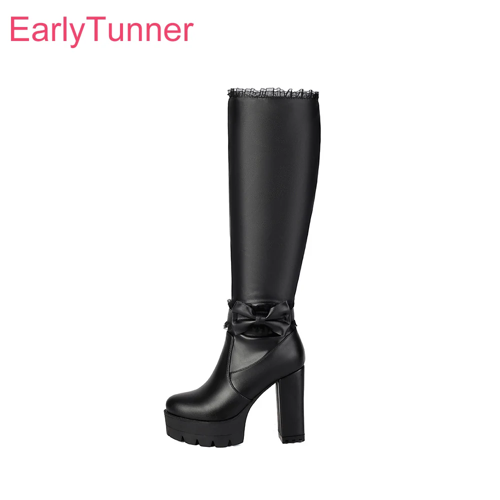 2026 Winter Sexy Women Knee High Platform Boots Round Toe High Block Heels Lady Dress Shoes Large Size 12 43 47 50