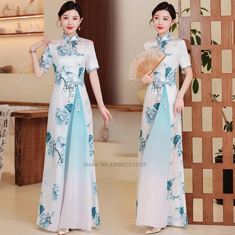 

2025 chinese improved qipao vietnam aodai dress traditional flower print cheongsam a-line dress banquet evening dress vestido