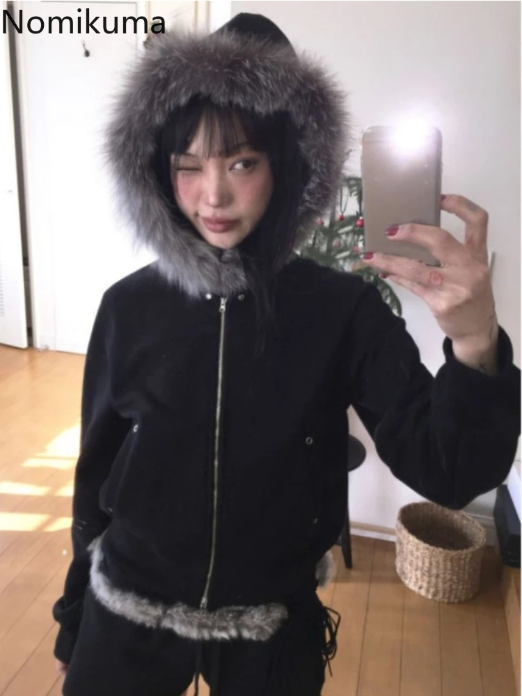 Furry Hooded Sweatshirts Women Clothing 2024 Ropa Mujer Fashion White Hoodies Coat Y2k Tops Thicked Casual Zipper Cropped Hoodie