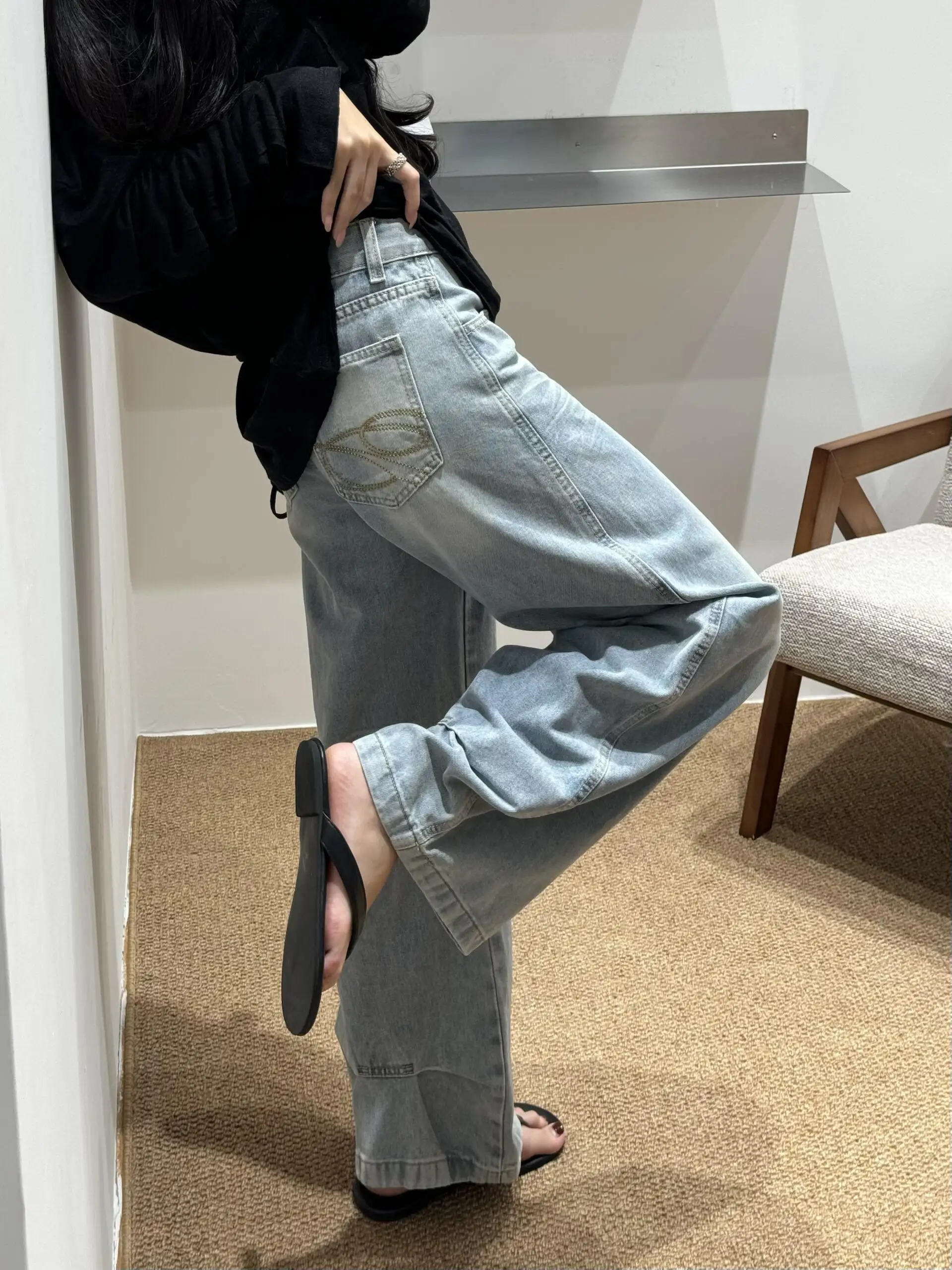 Light Blue Curved Barrel Straight Wide Leg Jeans Women Petite Autumn New Loose Slim Designer Pants