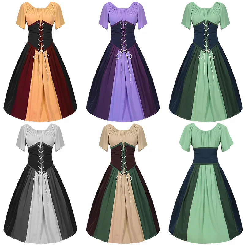 

Halloween Women's Western Medieval Retro Contrast Color Stitching Lace Flying Sleeve Patchwork Evening Dress Single Collar Tie