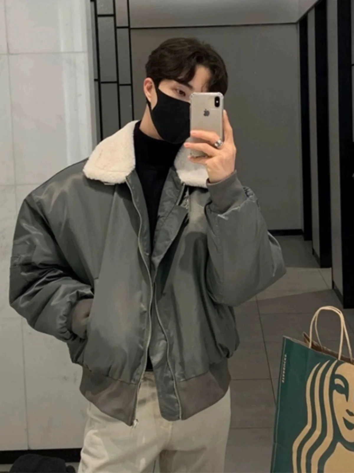 

Lamb Fur Collar ort Cotton Jaet Men's Winter Thiened Pilot Jaet Korean Sle Cotton Coat with Cotton Inner Layer