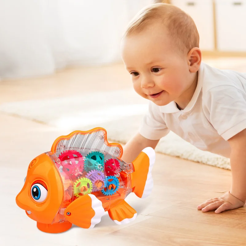 Giocattolo universale per altalena da passeggio Musica elettrica trasparente Luce lampeggiante Giocattolo per bambini Elettrico trasparente Gear Pesce incandescente Giocattoli musicali