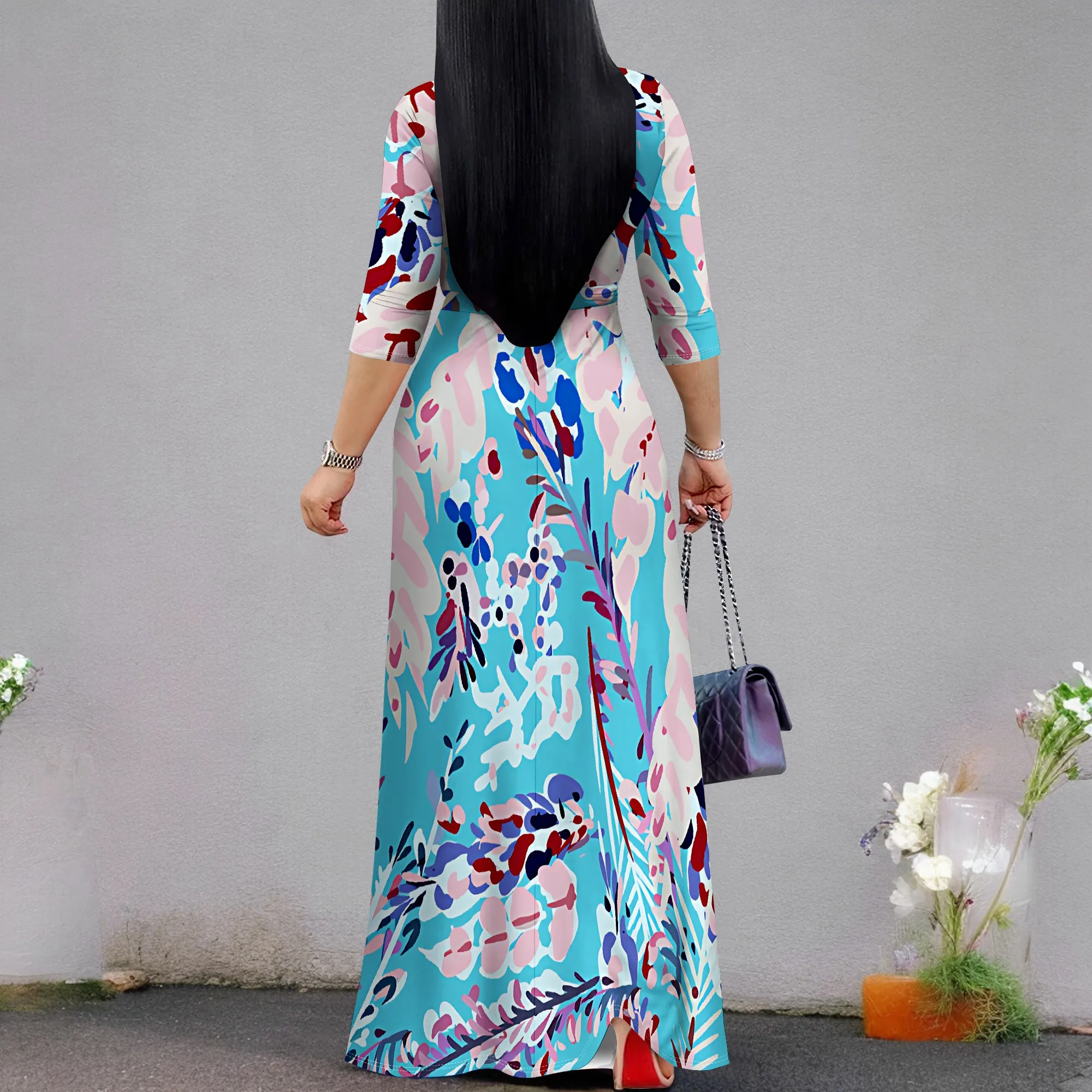 Women's Short Sleeve Sexy V Neck Loose Boho Long Dress Fashion Printed Split Hem Club Party Casual Vacation Maxi Dress