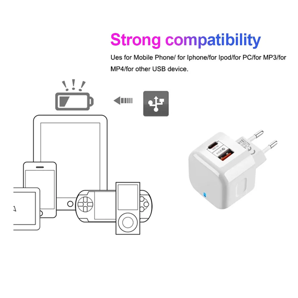 2 Ports QC3.0 Type C Charger PD 20W Quick Charger USB-C Fast Charging Travel Wall Charger Power Adapter For iPhone 12Pro Max