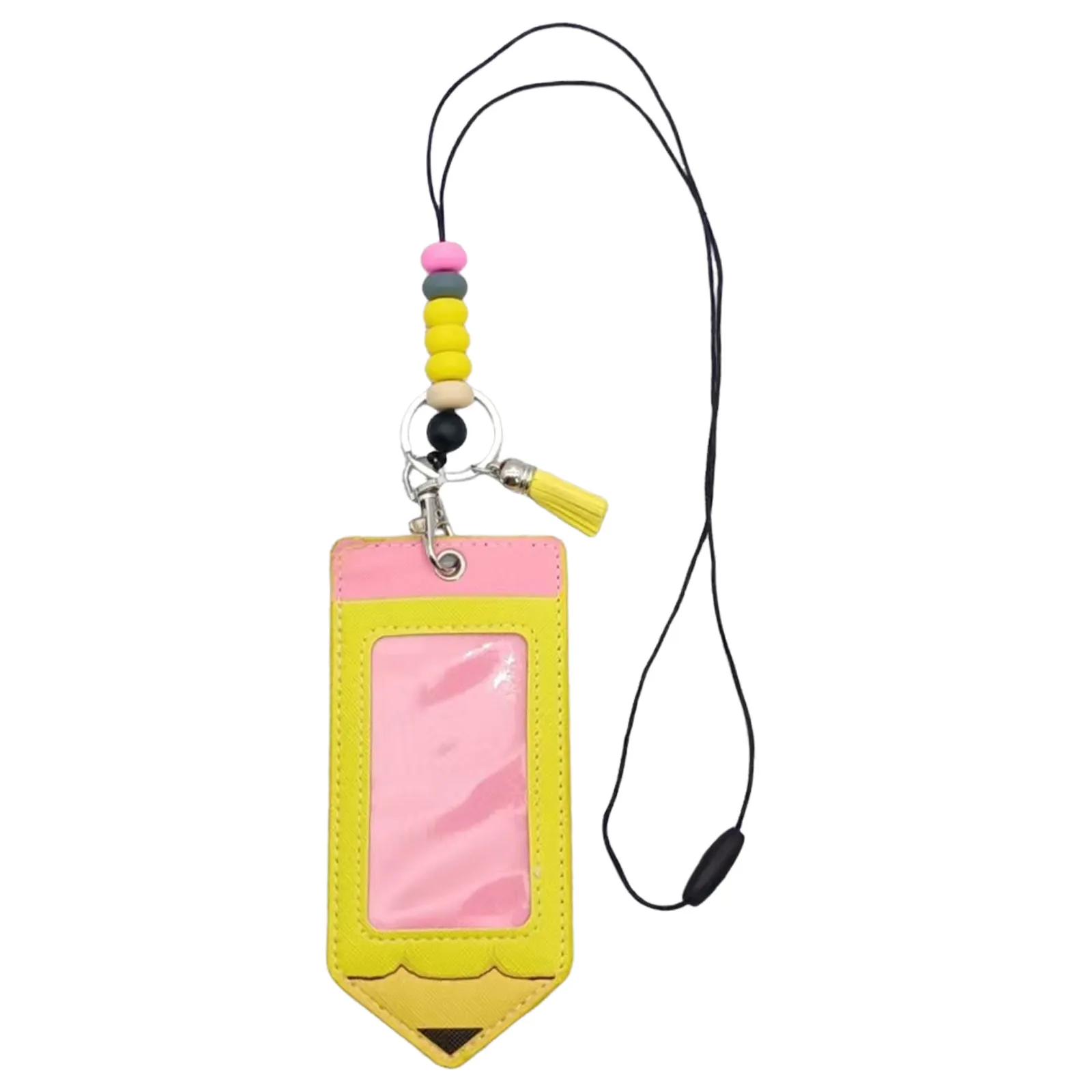 ID Card Holder Employee Badge with Lanyard Breakaway Teacher Pencil Silicone Beads Colorful Beaded