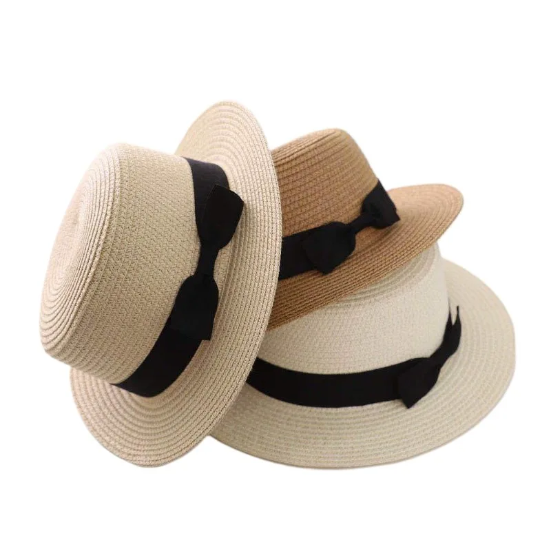 New Parent-child Straw Hat England Retro Europe and The United States Bow Flat Top Small Bowler Hat Sunshade Sunscreen Beach Hat