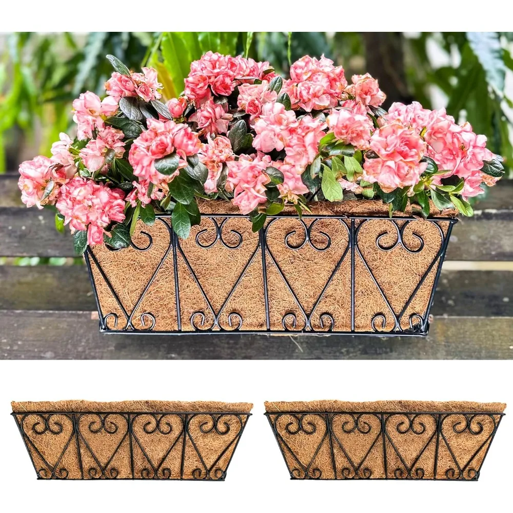 LaLaGreen Wall Planters (2 Pack, 16 Inch) Window Flower Boxes Outdoor, Deck Railing Hanging Metal Wire Basket Black