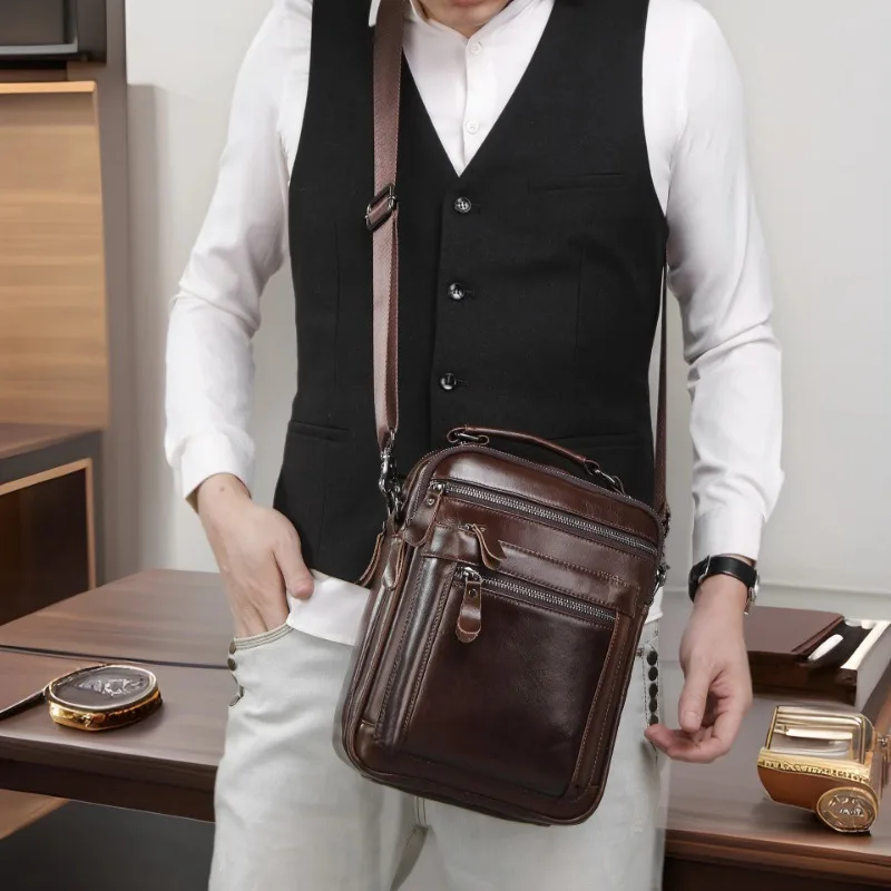 Top-Grain Leather Messenger Bag for Men Multifunctional Anti-Theft Crossbody Bag with Detachable Shoulder Strap