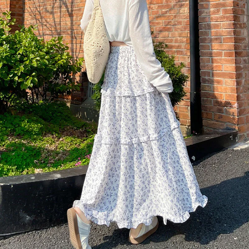 Summer Women Patchwork Ruffles Long Skirts Vintage Y2K Printed Floral Maxi Skirts Female Elegant Chic High Waisted A-Line Skirt