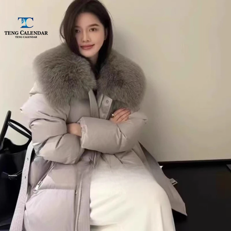 Chaqueta de plumón con cuello de piel de zorro auténtica de gran tamaño, chaqueta de cintura suelta y gruesa de longitud media a larga, nueva colección de invierno para mujer