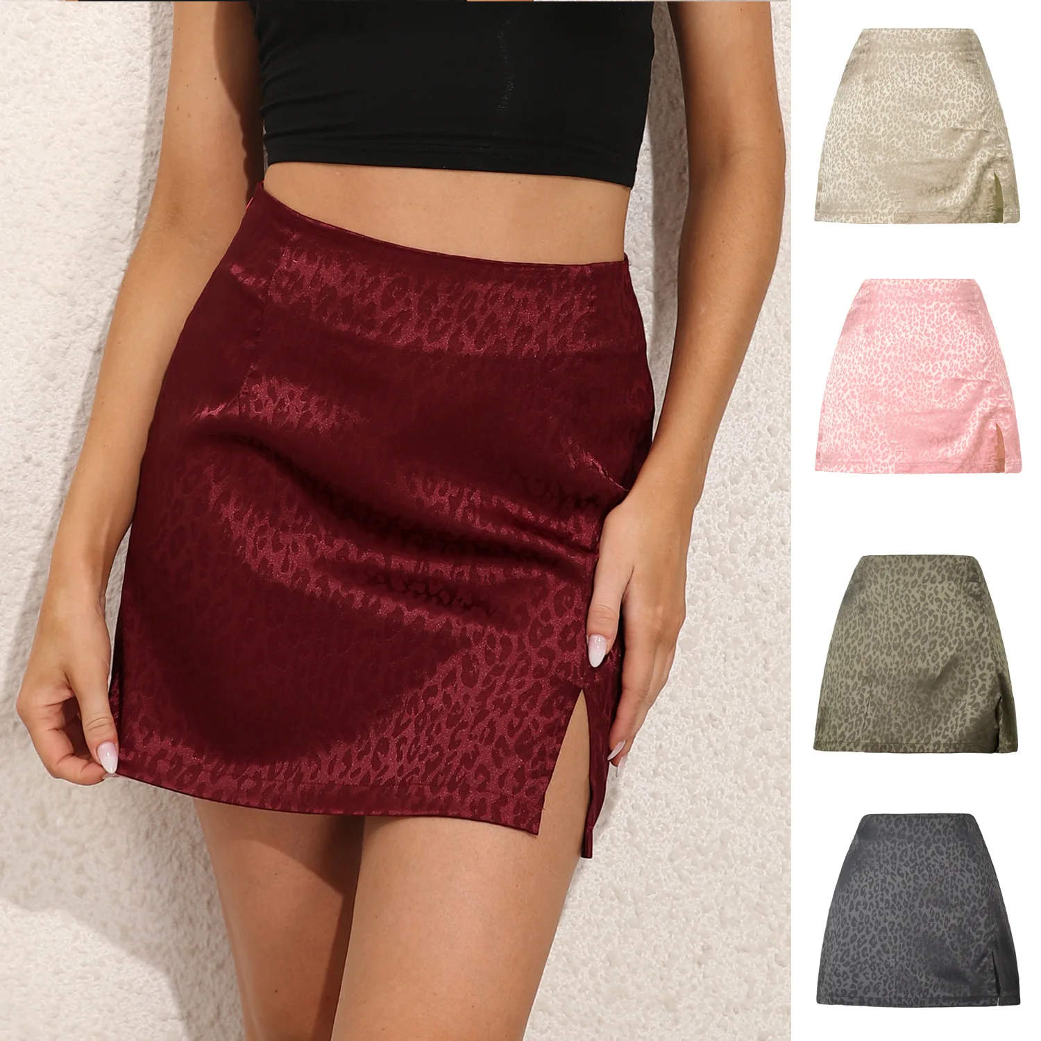 Summer Women Skirt Harajuku 2023 Leopard Grain Tall Waist Split Sexy Jacquard Satin Zipper Skirt Women Sweet Elegant WSL4603