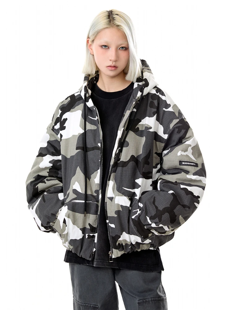 MADE EXTREME Winter American Loose Camouflage Hooded Coat Men's and Women's Short Bomber Jacket