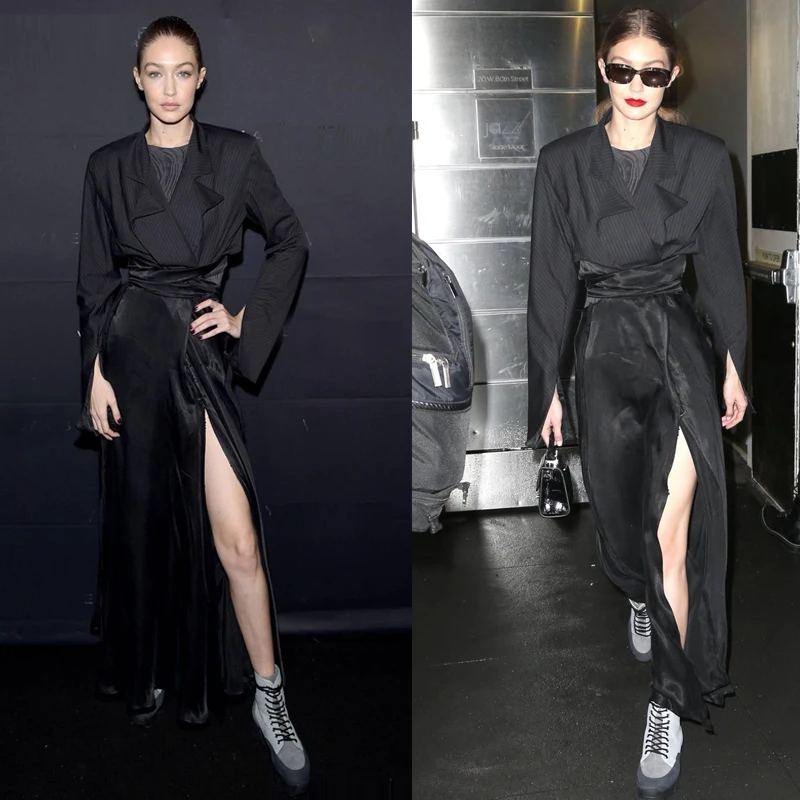 

Gigihadid Black And White Striped Short High Waist Satin Chiffon Belted Split Midi Skirt Elegant Business Casual Women...