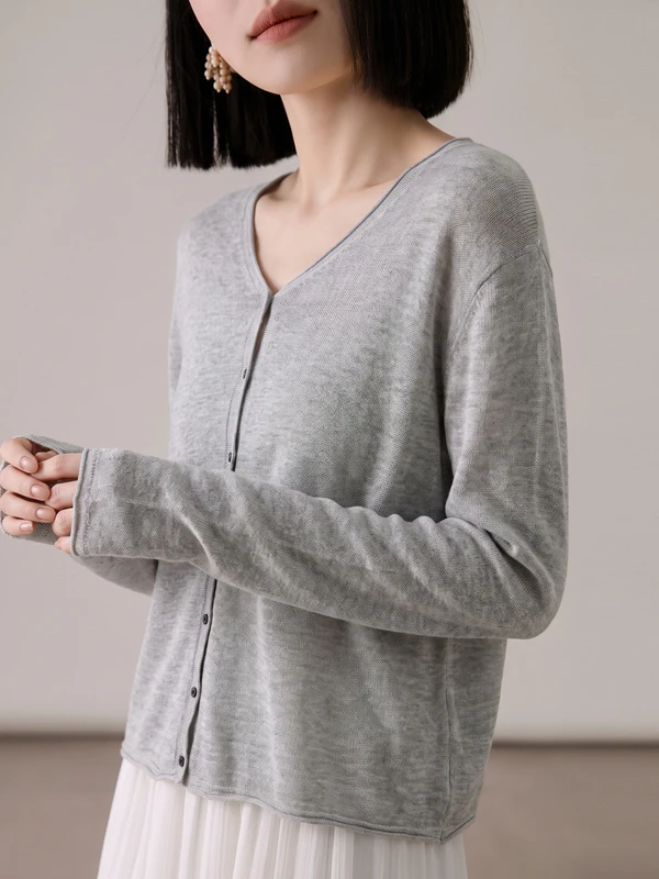 Slimming V-Neck Long Sleeve Knitted Cardigan Women's Loose Fit Transparent Outerwear for Commuting And Sun Protection