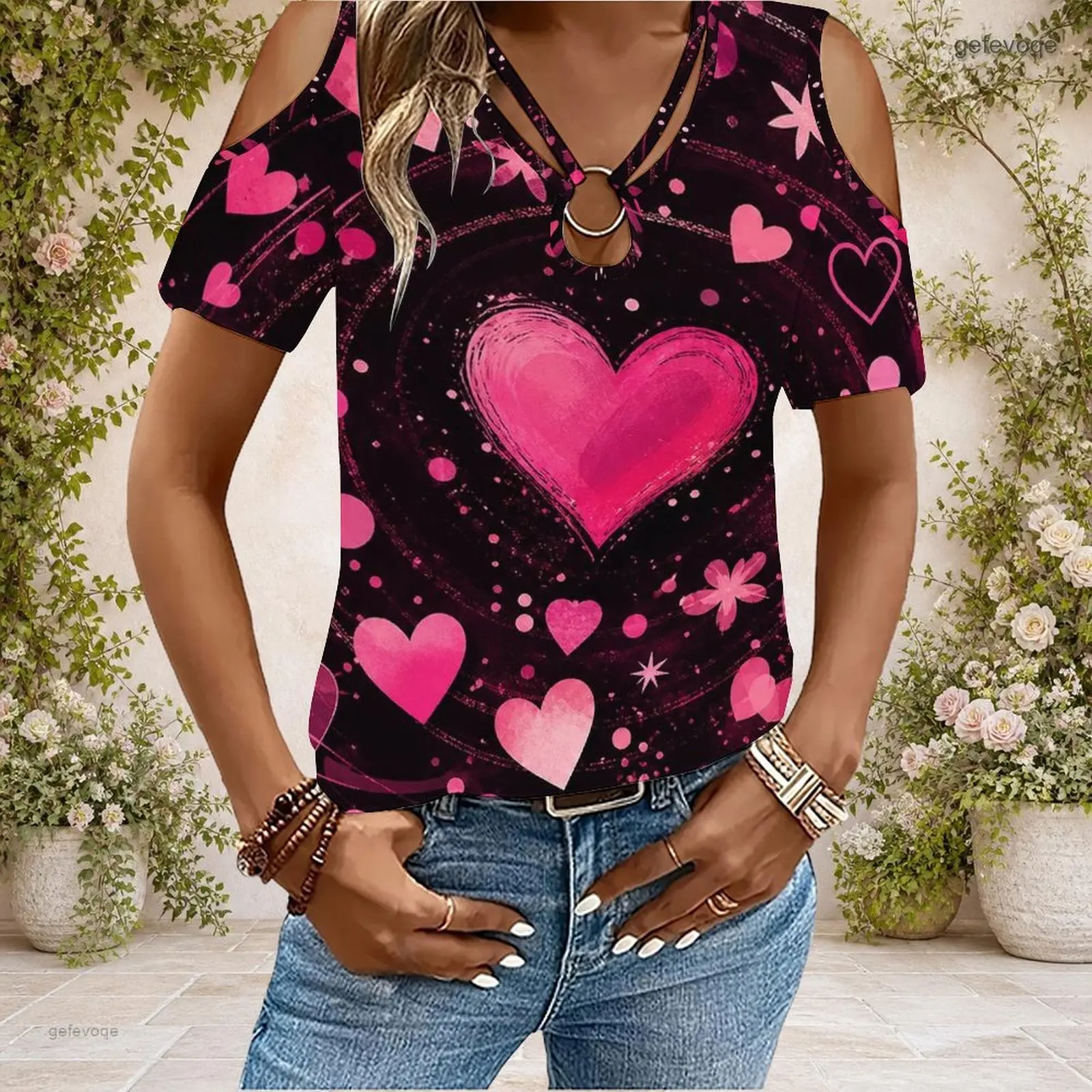 Women Cold Shoulder Short Sleeve T Shirt V Neck O Ring Keyhole Cutout Loose Casual Top Custom Print Ladies Daily Blouse - view 4