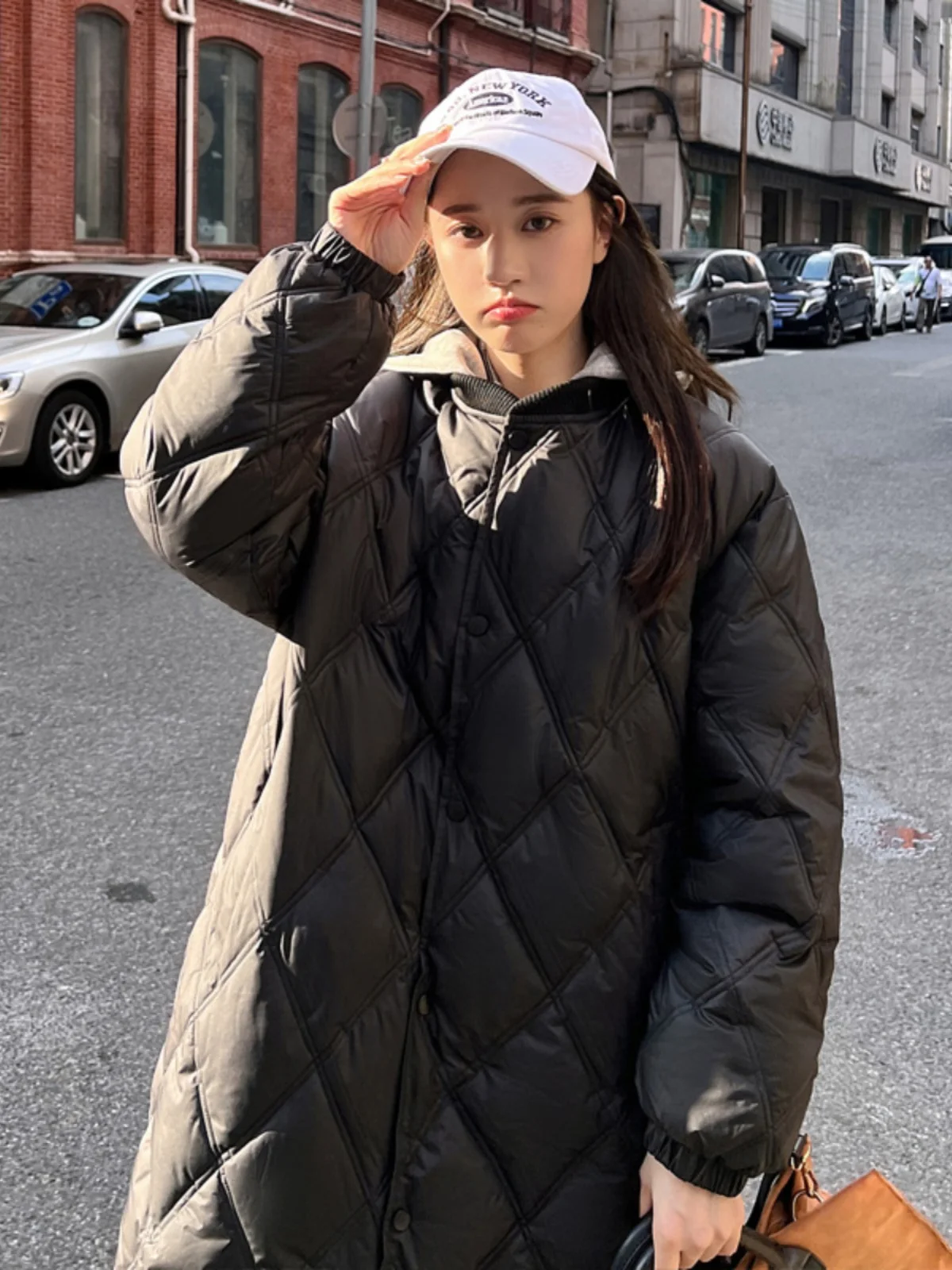 Women's Mid-Length Lightweight down Cotton Jacket Diamond Pattern Knitted Coat Winter Warm Casual Style Standard Size