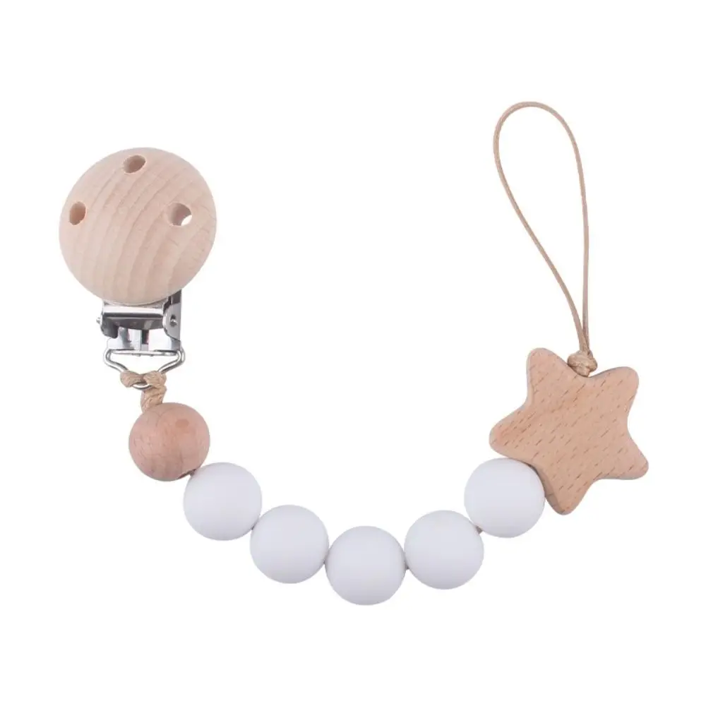 

Dummy Clips Pacifier Holder Clips Star Soother Holder Baby Pacifier Chain Wood Nipple Holder Clips Baby Teether Toys Straps