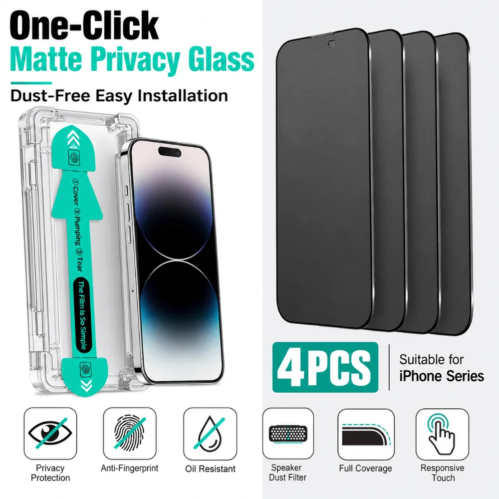 NNBILI 4er-Set Mattes Sichtschutz-Panzerglas mit Auto-Ausrichtungsbox für iPhone 18 17 16 15 14 13 12 11 Pro Max 18 Pro Glatte Haptik
