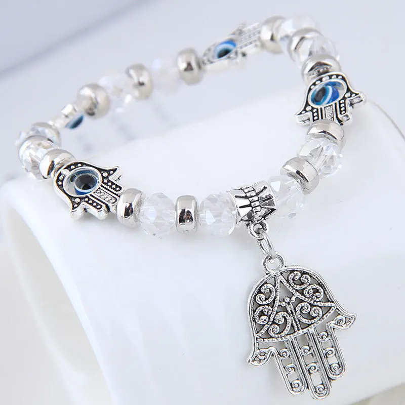 Ethnic Hand Palm Evil Eye Charm Bracelets for Women Men Boho Elastic Resin Bead Bangle Armband Vintage Silver Color Jewelry 2023