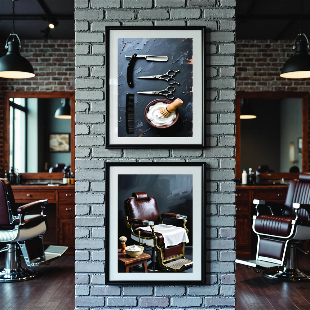 Vintage Art Mural Salon Hairstyle Barbier Retro Accessories Barber and Men's Toiletries Canvas Painting Barber Shop Decor