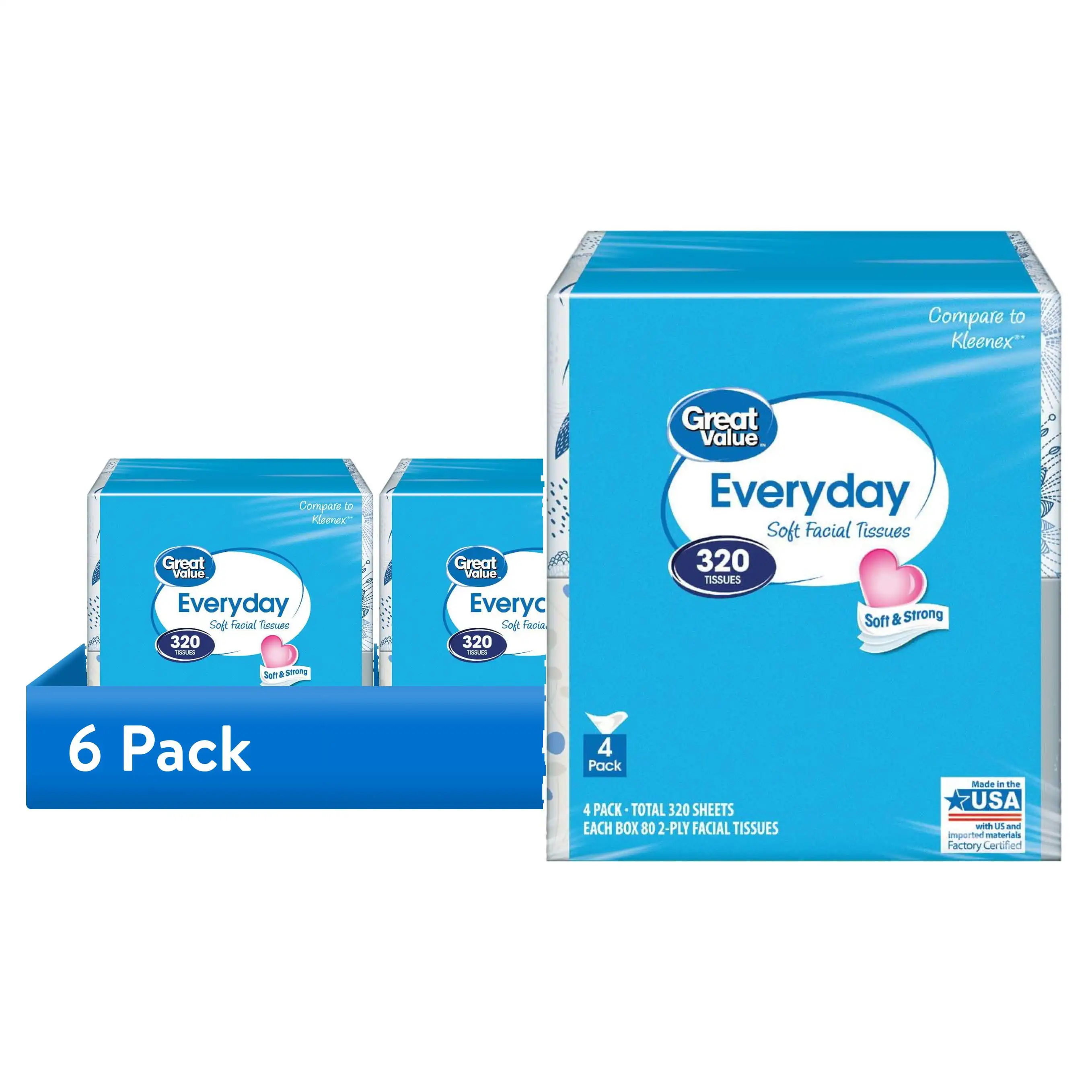 6 Pack Great Value Everyday Soft Facial Tissues 4 Cube Cartons 80 Tissues Per Cube 2 Ply Blue Soft Strong