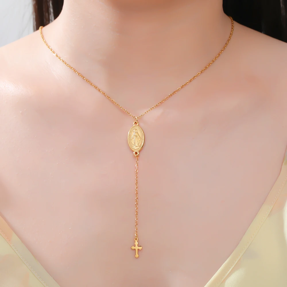 داوابارا مريم العذراء الصليب قلادة الصلاة الدينية نعمة المعمودية الكاثوليكية هدايا عيد الميلاد مجوهرات من صلب لا يصدأ