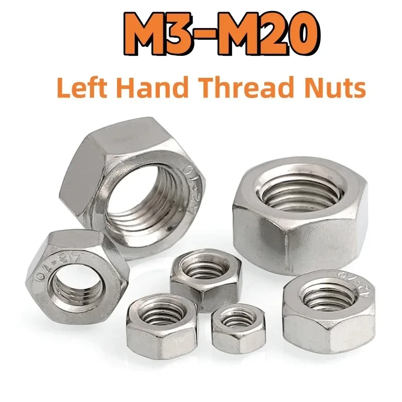 M3-M20 A2-70 304 Stainless Steel Left Hand Thread Hex Nuts / DIN934 Reverse Thread Lock Nuts for Machinery & Automotive
