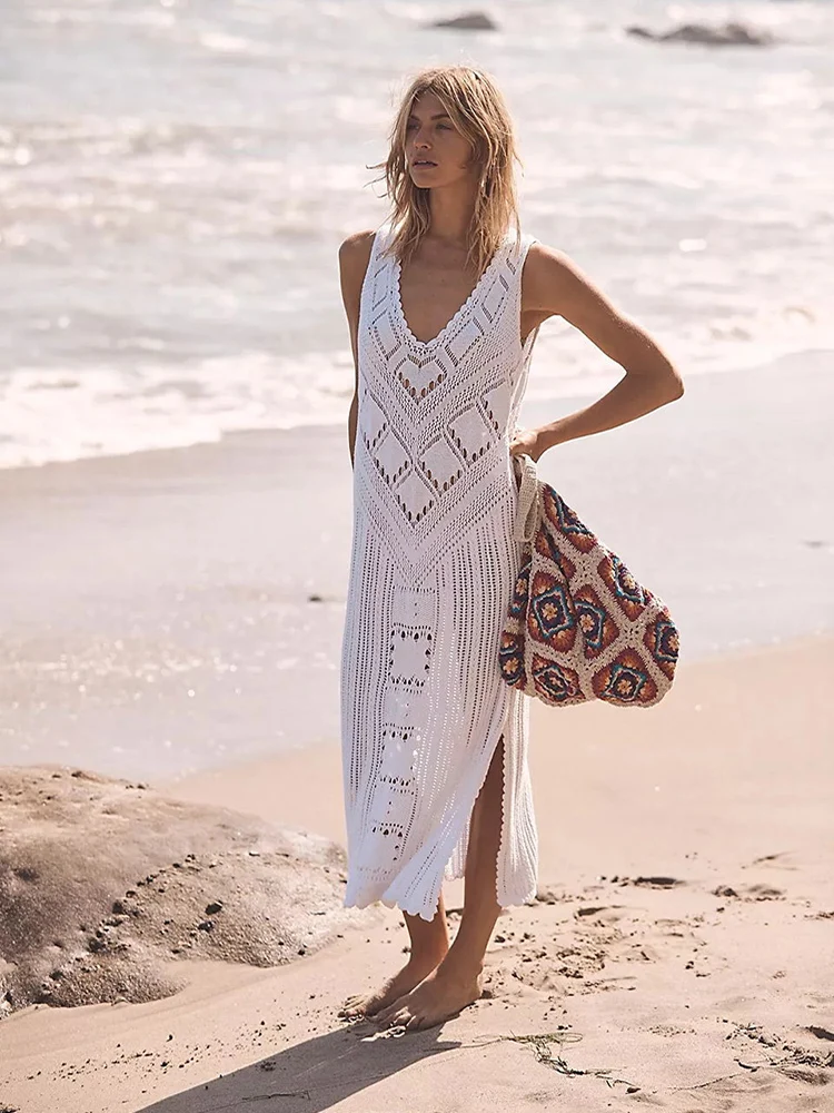 Knitted Long Beach Dress Tunic for Beach Swimsuit Cover up Beachwear Bikini Cover up Crochet Dress Sarong Bathing Suit For Women