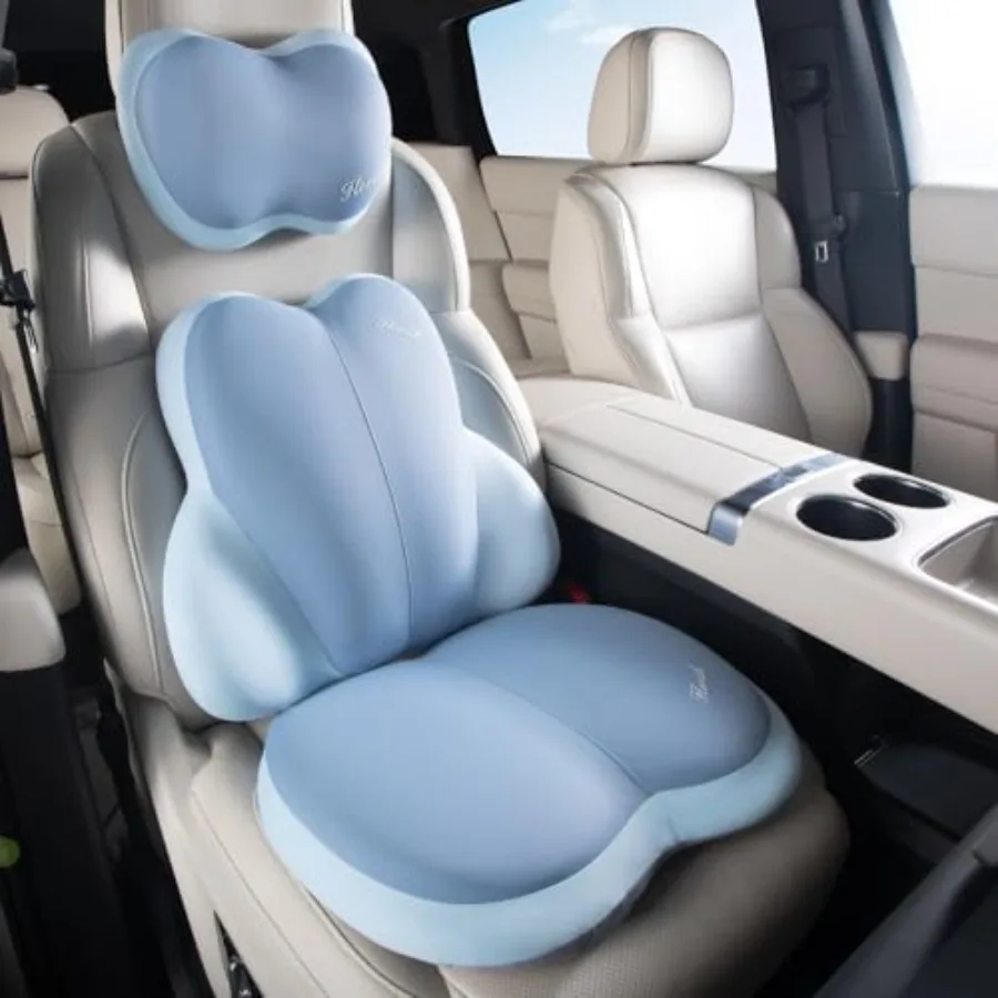 

3 PCS Seat Cushion for Car Seat Lumbar Support Pillow Ultrathick Memory Foam Neck Headrest Pads Blue Pressure Relief Back Cushi