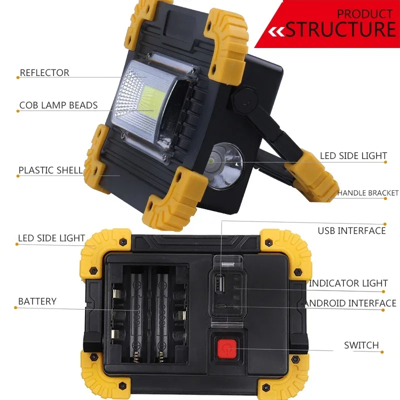 LED COB Work Lamp LED Portable Lantern Waterproof 4-Mode Emergency Portable Spotlight Rechargeable Floodlight for Camping Light