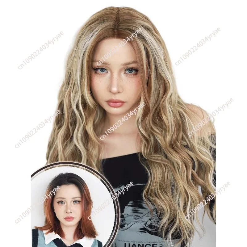 Blonde long curly hair Korean medium front lace wig female natural breathable full head wig